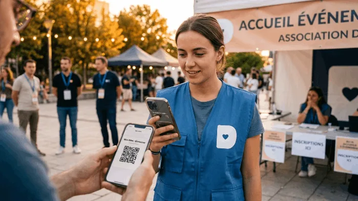 Bénévole d'association scannant le QR code d'une carte de membre lors d'un événement